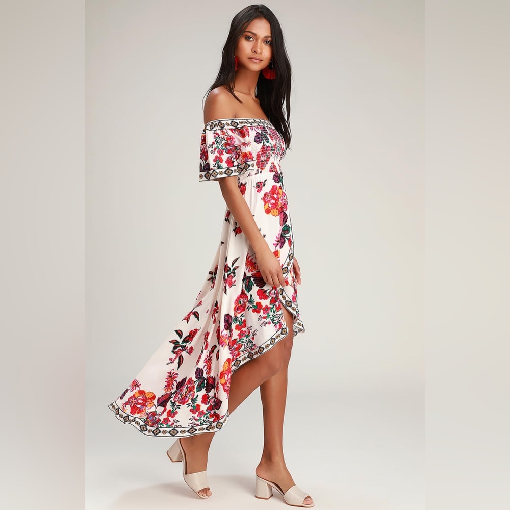 Danica Ivory Floral Print Smocked High-Low Maxi Dress